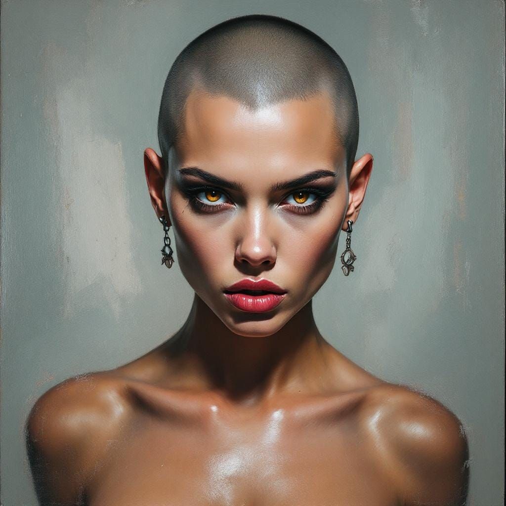 Sensual Woman with Shaved Head, Oil Brush Style