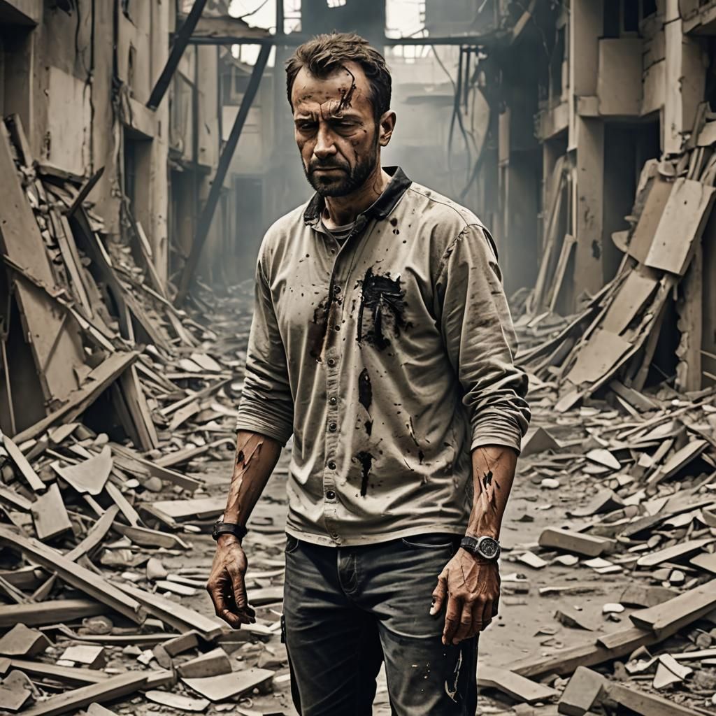 Solitary Figure Amidst Pain and Destruction