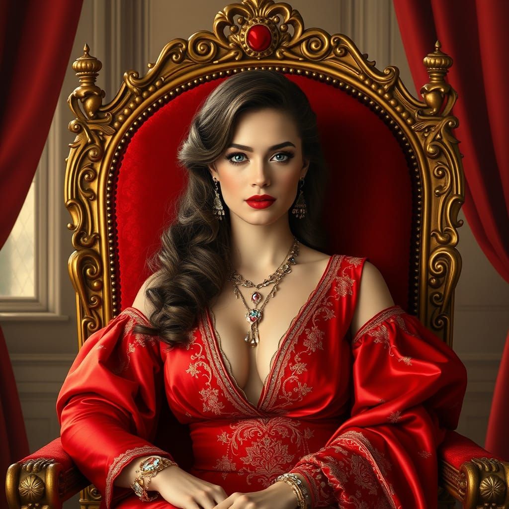 Majestic Queen in Red Velvet Throne