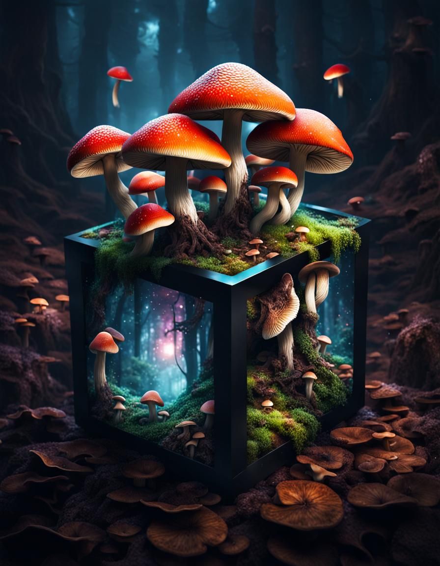 Magic Mushrooms Grow on Cube in Dark Fantasy Style