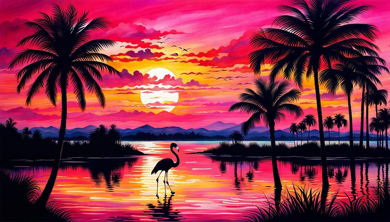 Elegant Flamingo Sunset Watercolor Painting