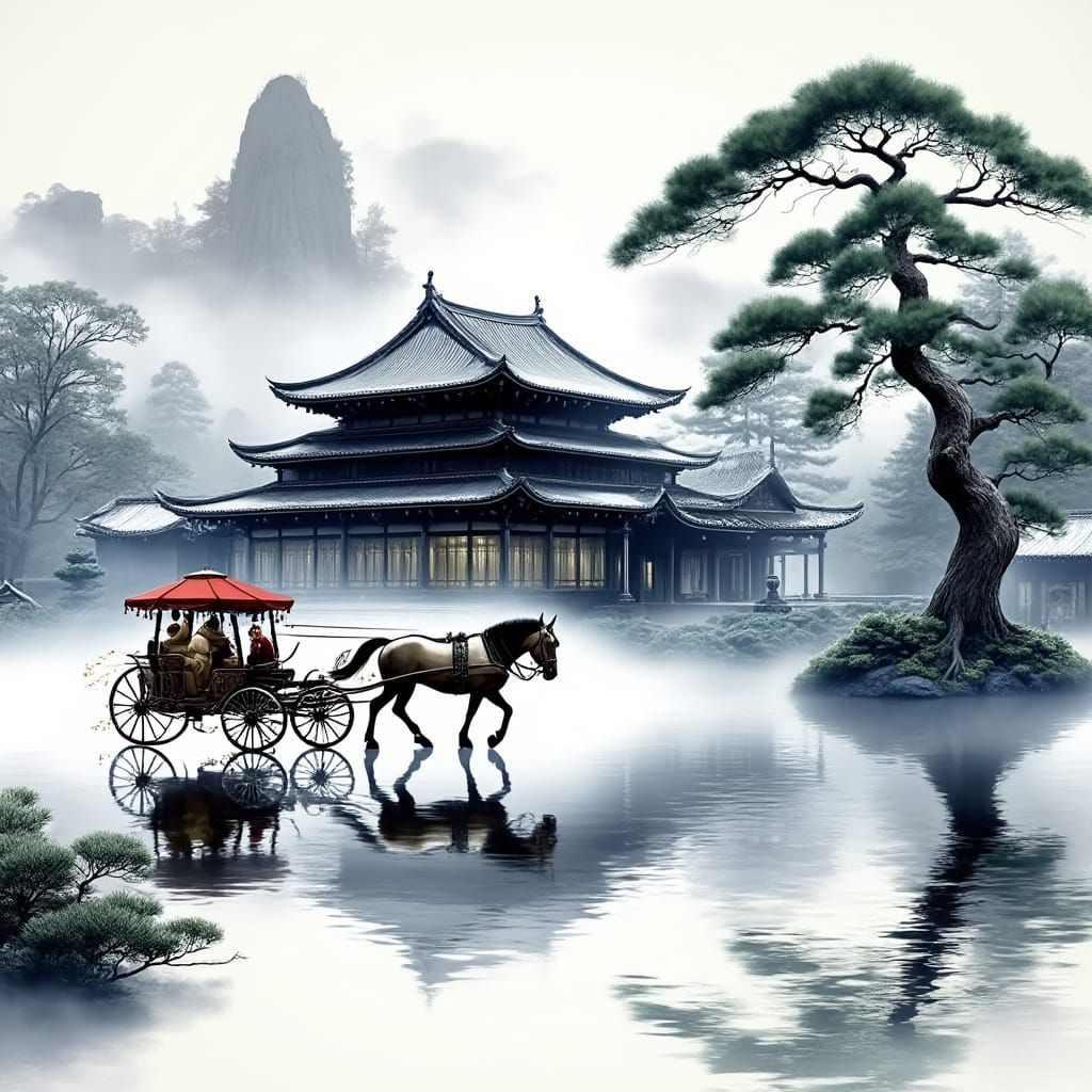 Elegant Horse-Drawn Carriage in Japanese Estate