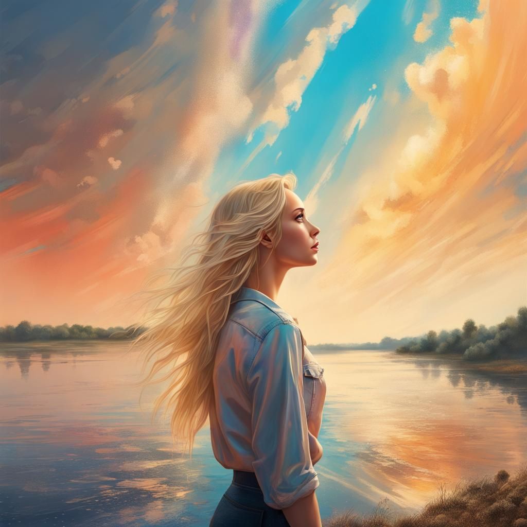 Blonde Woman Observes Sky in Hyperrealistic Splash Art