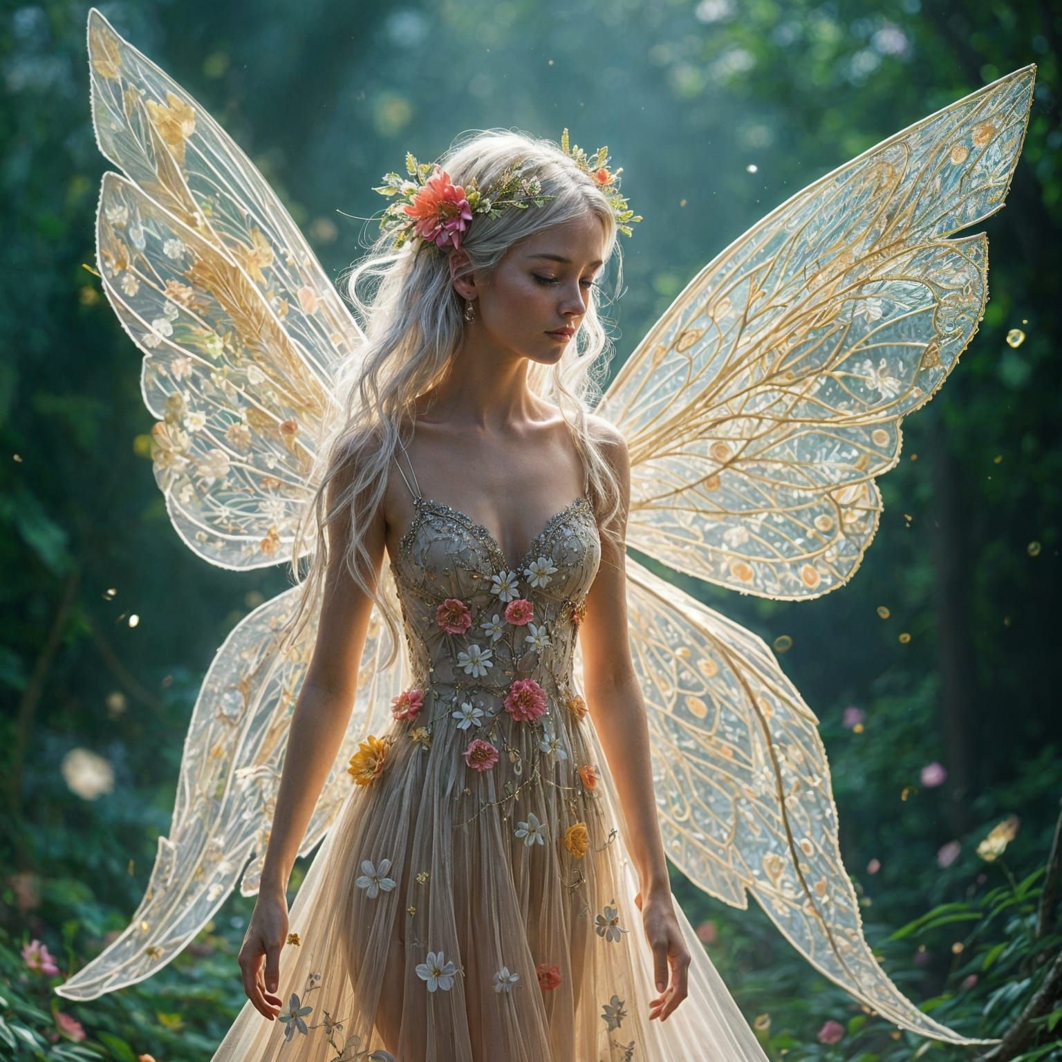 Ethereal Fairy in Vibrant Floral Gown with Delicate Wings