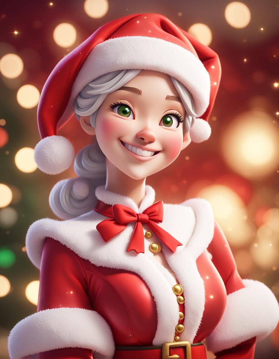 Joyful Youthful Mrs. Claus in Kawaii Anime Style