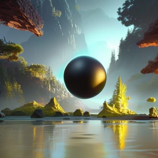 Mysterious Obsidian Sphere in Ethereal Landscape