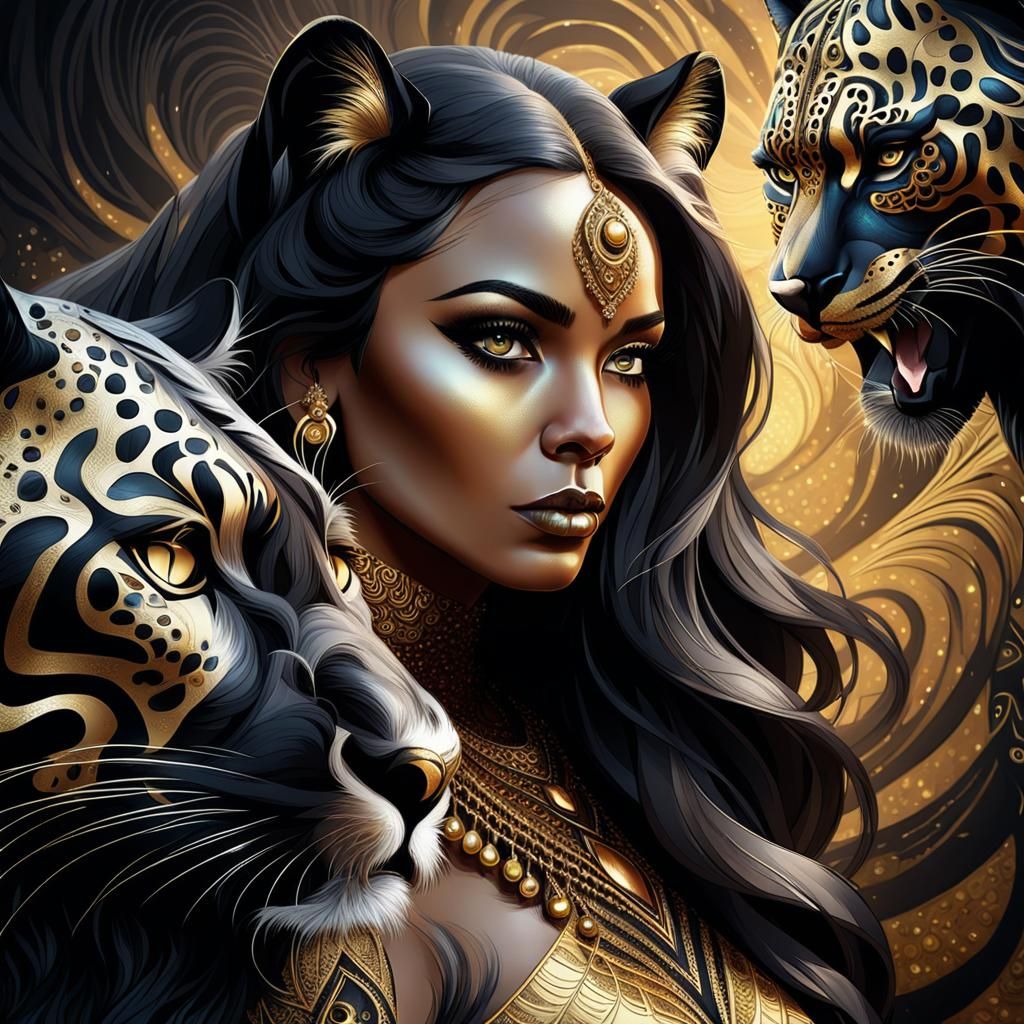 Mystical Woman with Panther in Surreal Portrait Art