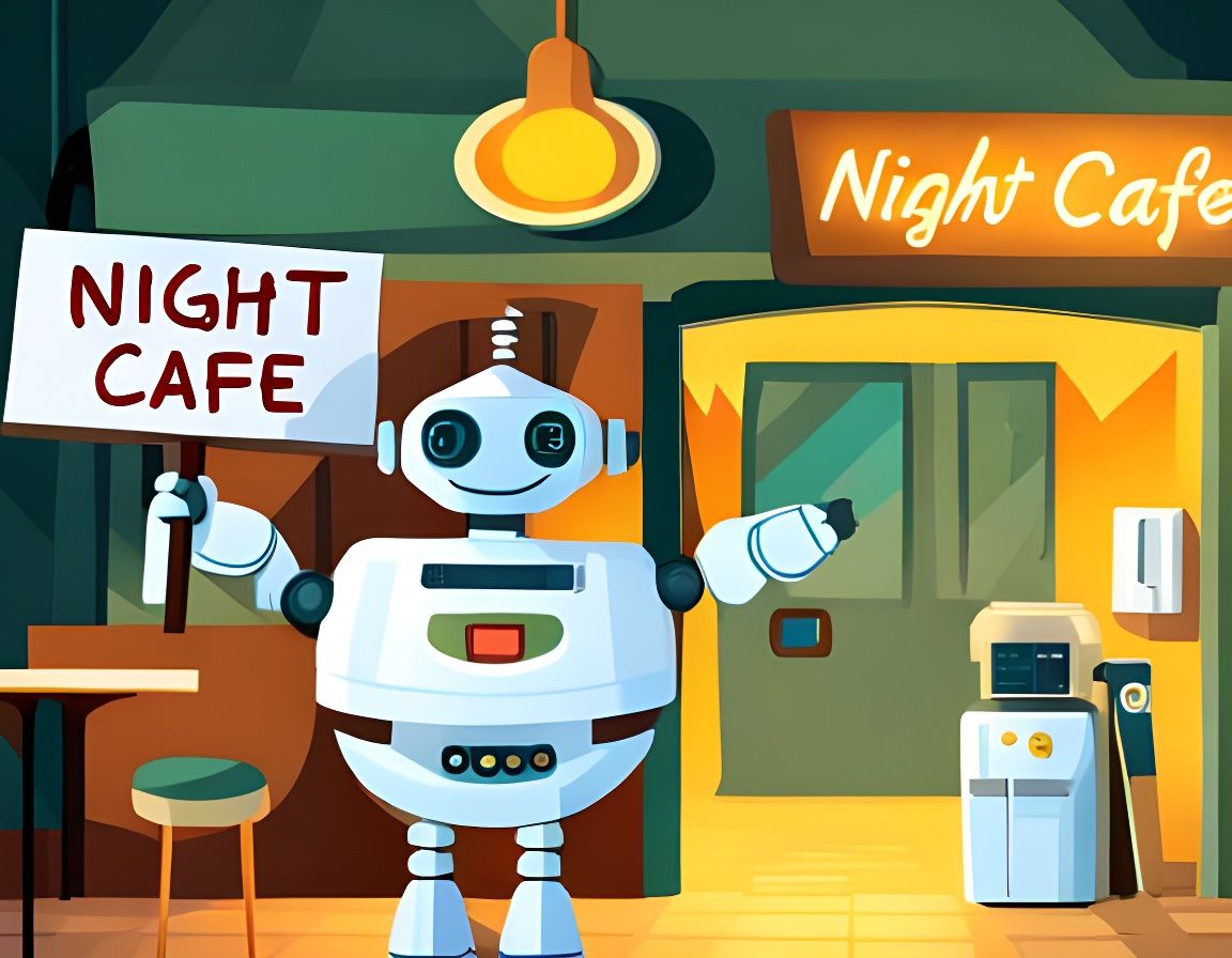 Happy Robot Artist at Night Cafe