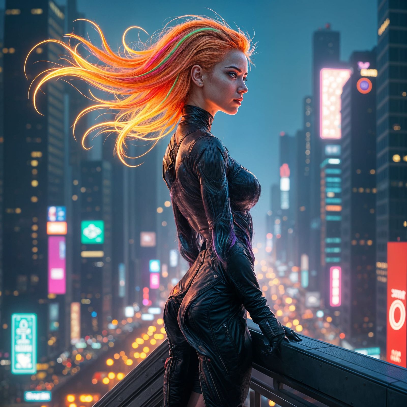 Neon Goddess Over Cyberpunk Cityscape