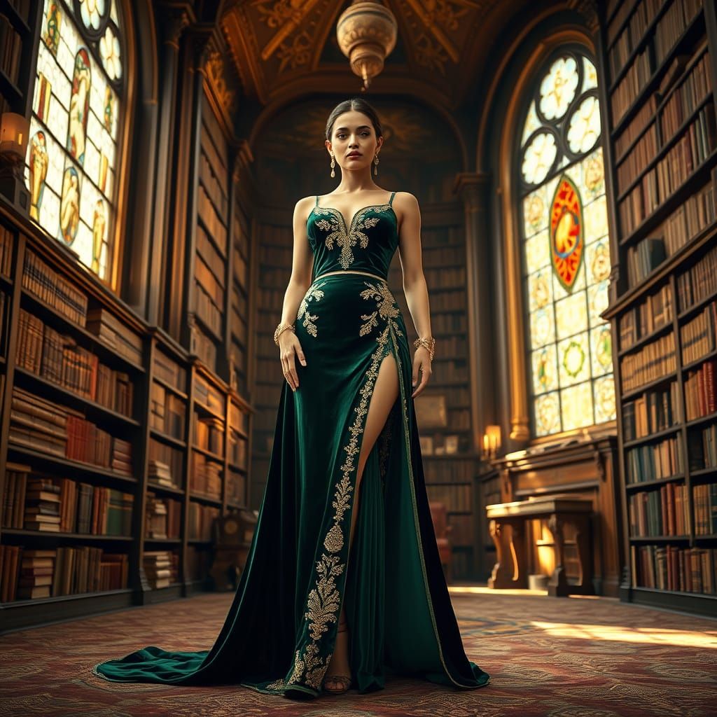 Elegant Woman in Emerald Velvet Gown Amidst Ancient Tomes