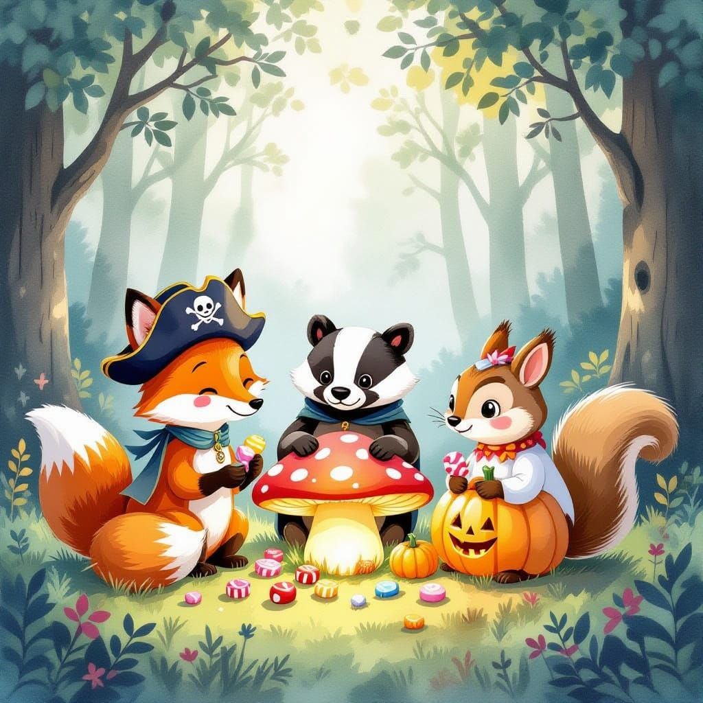 Woodland Creatures Gather Around Glowing Mushroom