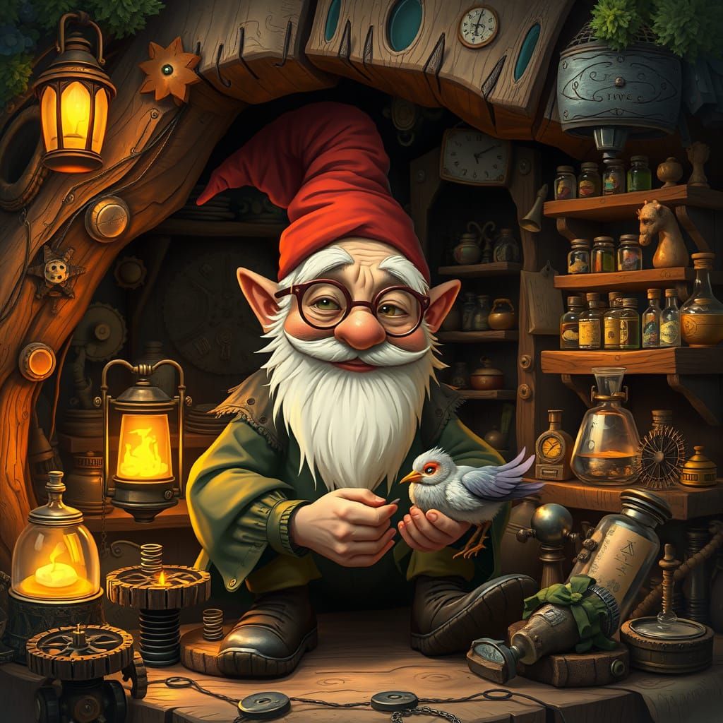 Whimsical Gnome Craftsman in Cozy Tree Stump Workshop