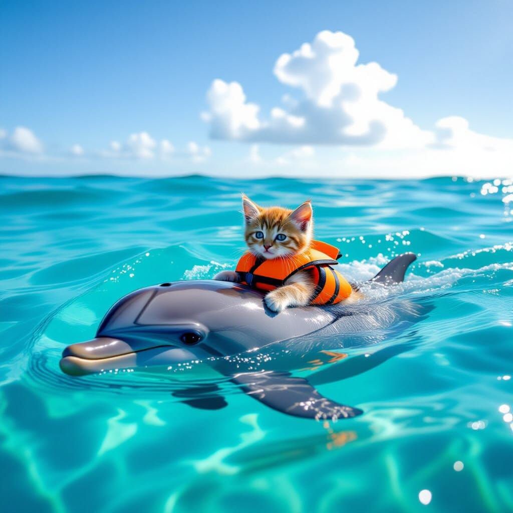 Kitten and Dolphin Adventure in Turquoise Sea