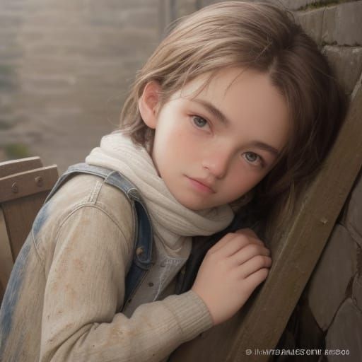 European Boy Child in Worn Denim Jacket Stands in Sunlit All...