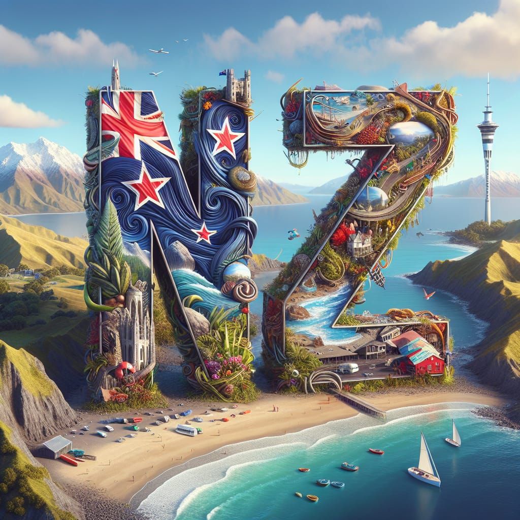 Word Art. "NZ" (New Zealand), on beach at ocean edge. Snow mountains in distance.