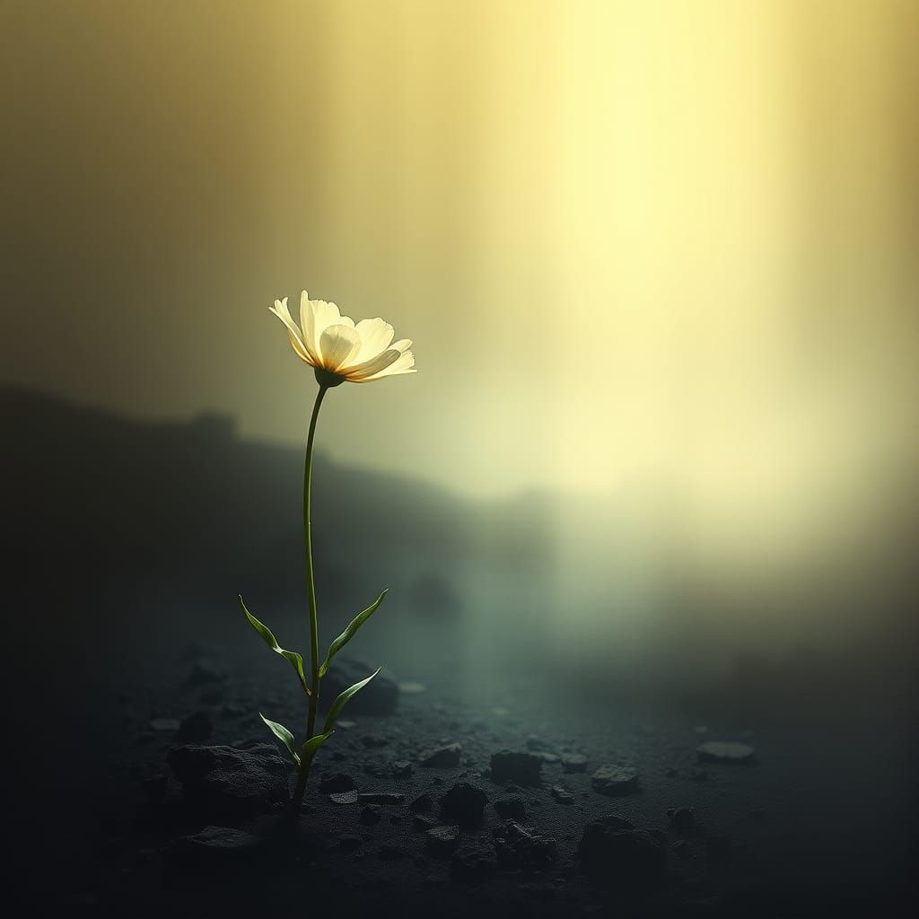 a heavenly light from above cutting through the darkness, a single flower blooms from the ashes, hope renewed