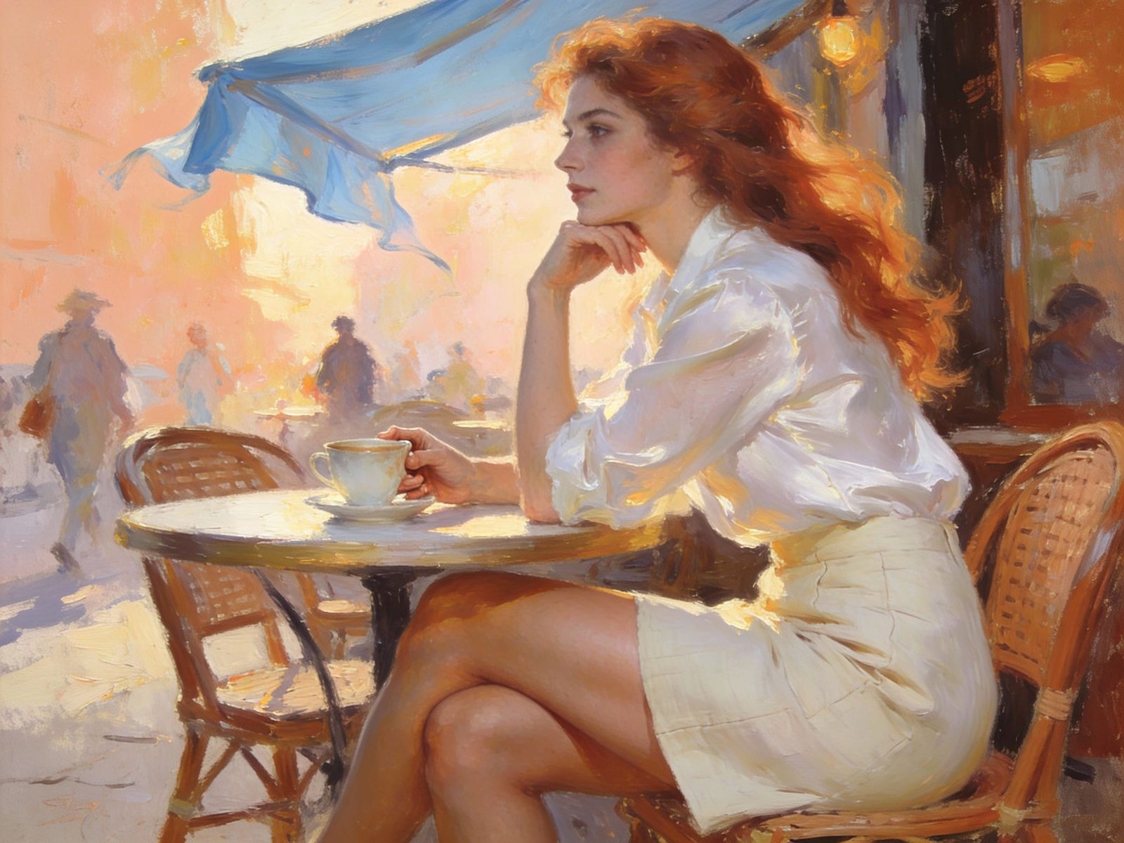 Woman at Cafe in Impressionist Style with Soft Light