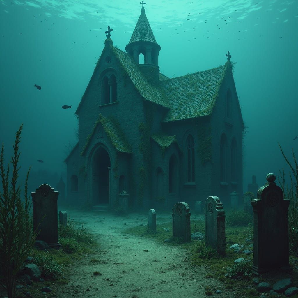 Crumbling Underwater Church in a Seaweed-Blanketed Graveyard