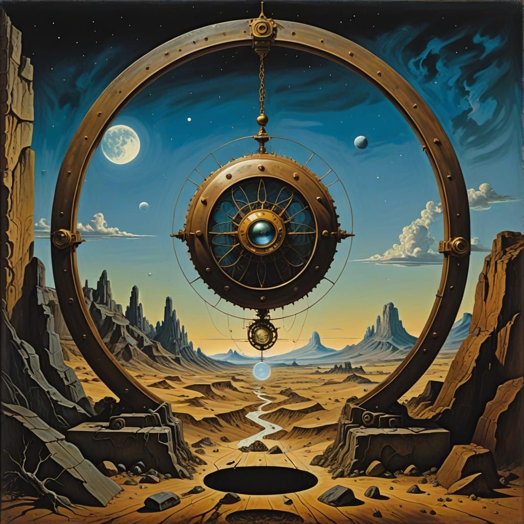 Surrealist Wheel in Eerie Void with Ancient Machinery