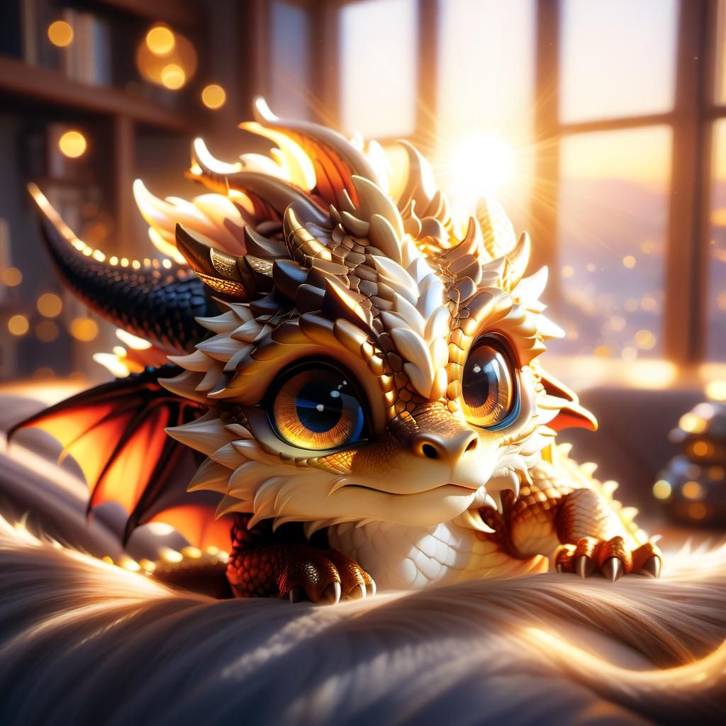 Chibi Dragon Resting in Cozy Home
