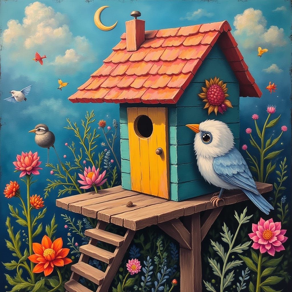 Surreal Birdhouse: An Ultra-Detailed Oil Painting