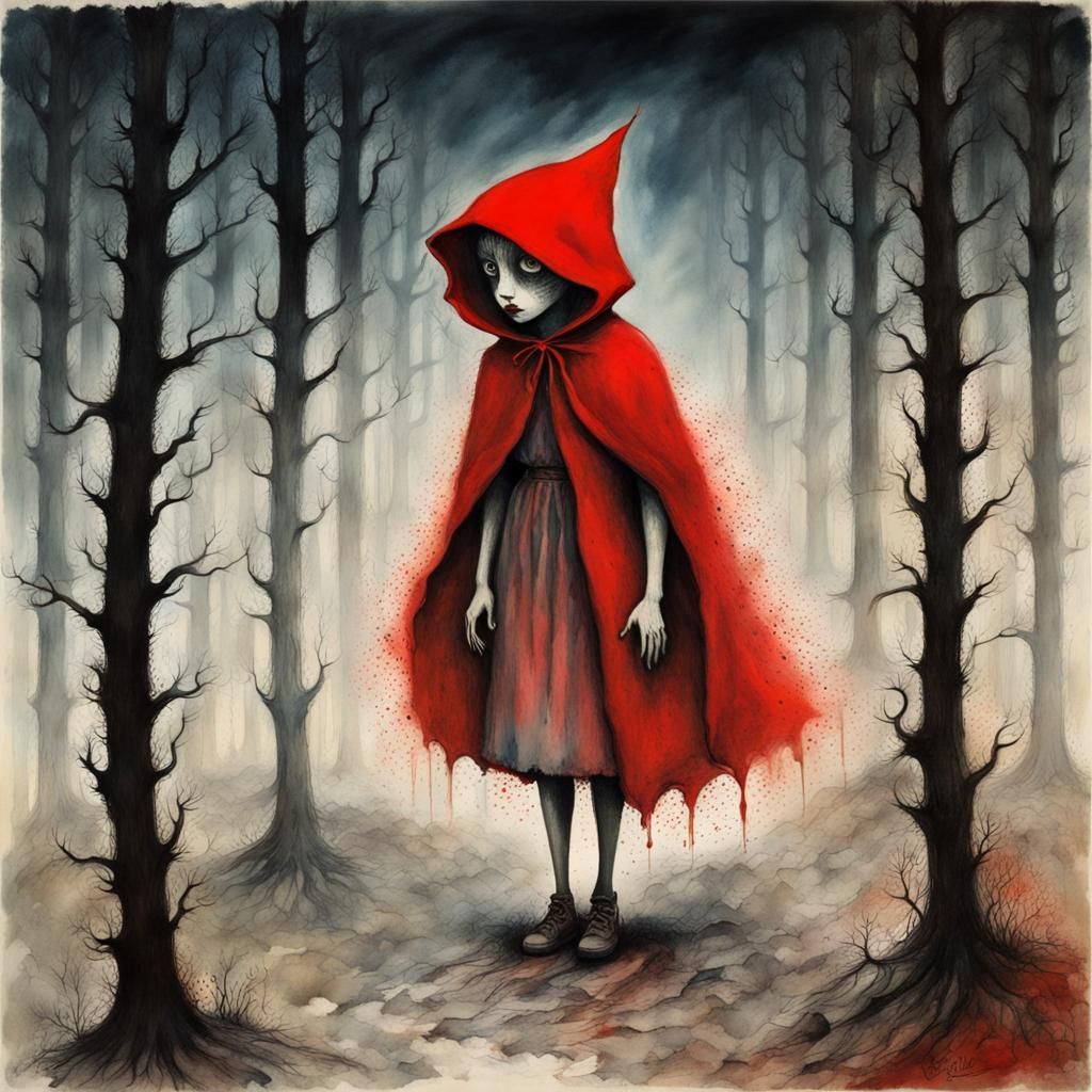 Little Red Riding Hood in Dark Gouache Style