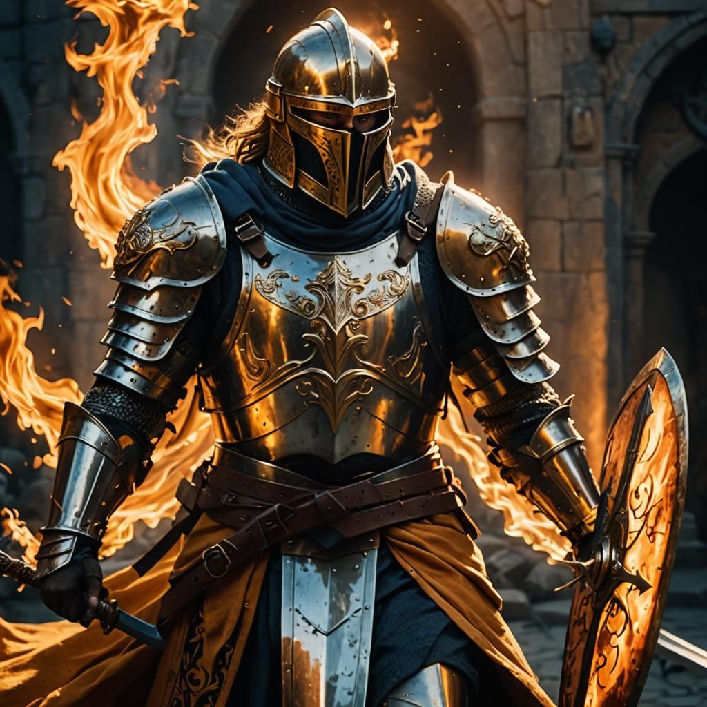 Epic Paladin in Fiery Battle Armor