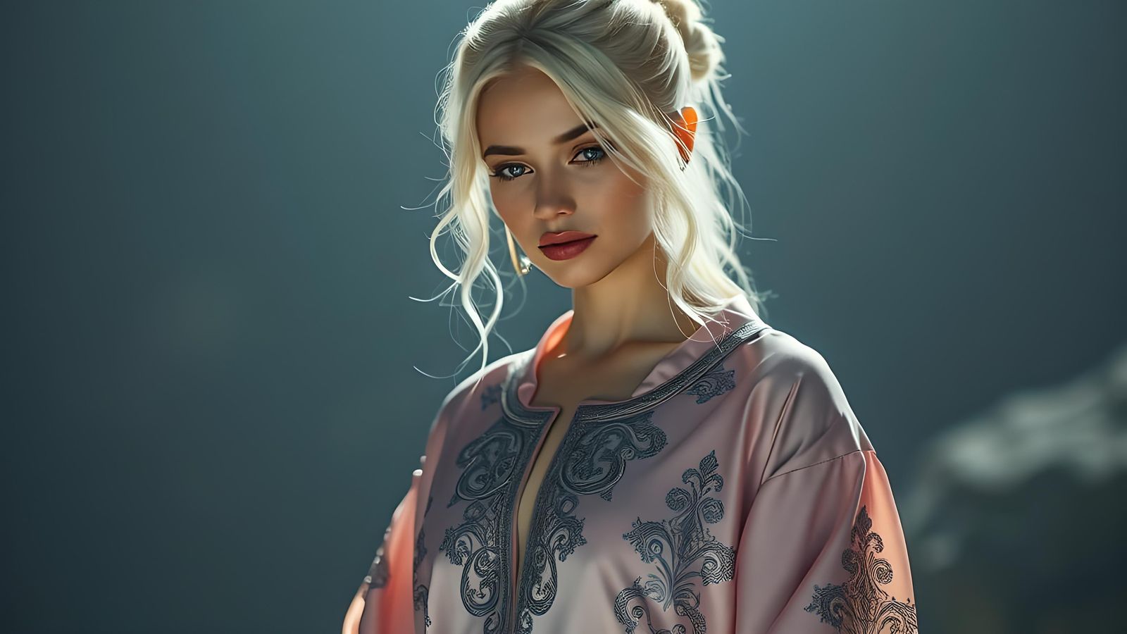 Exquisite Portrait of Woman in Pink and Silver Tunic