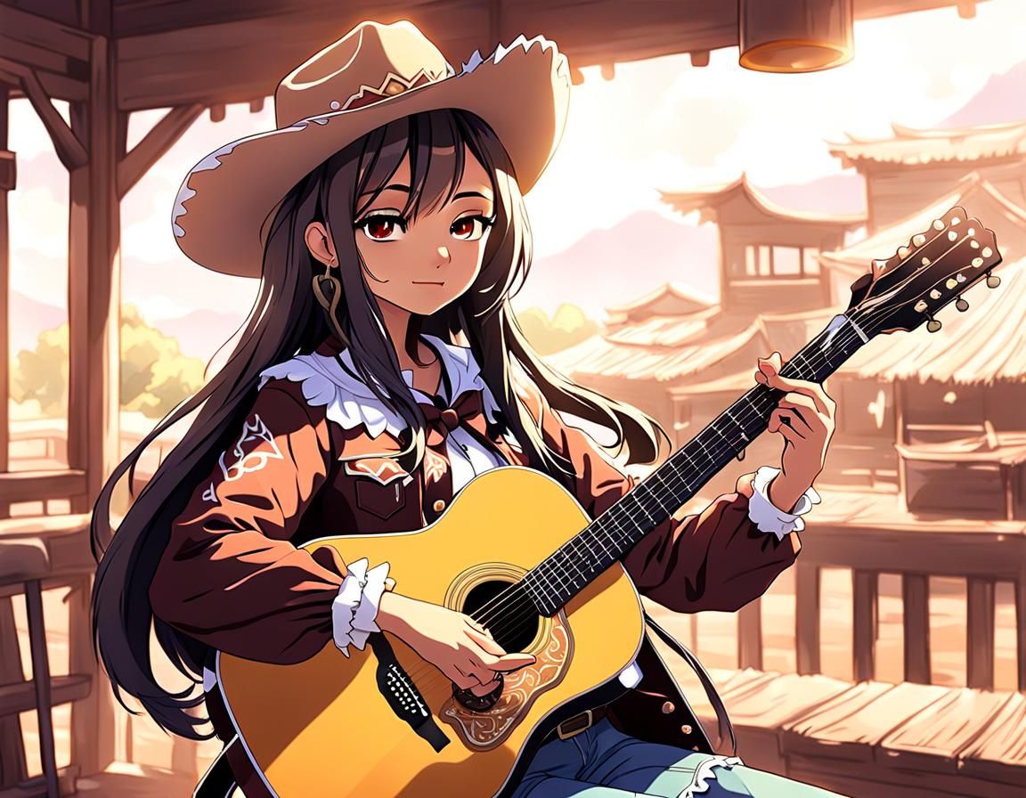 Anime Cowgirl Plays Guitar in Digital Painting