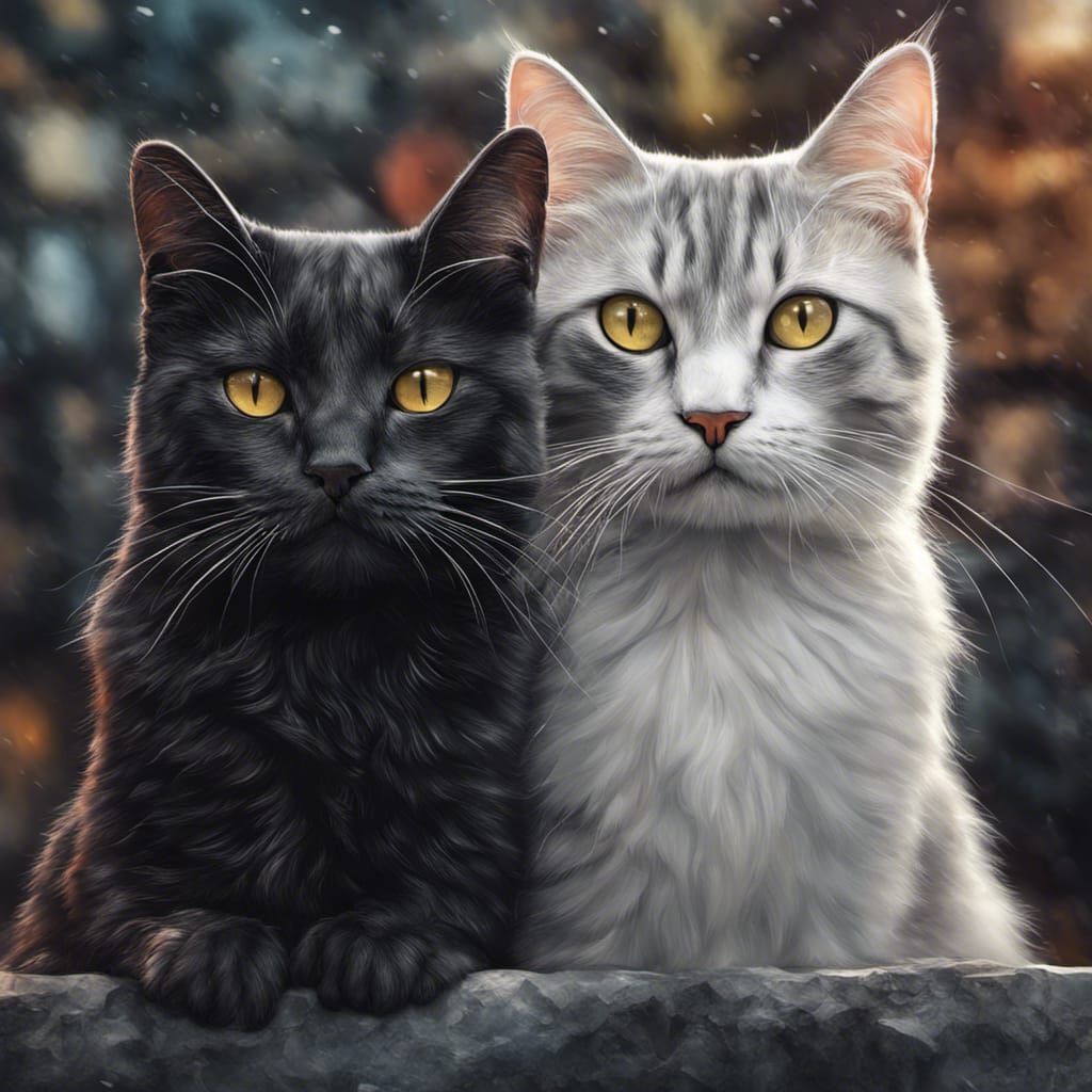Tabby and Black Cat Friends, Hyperrealistic Art