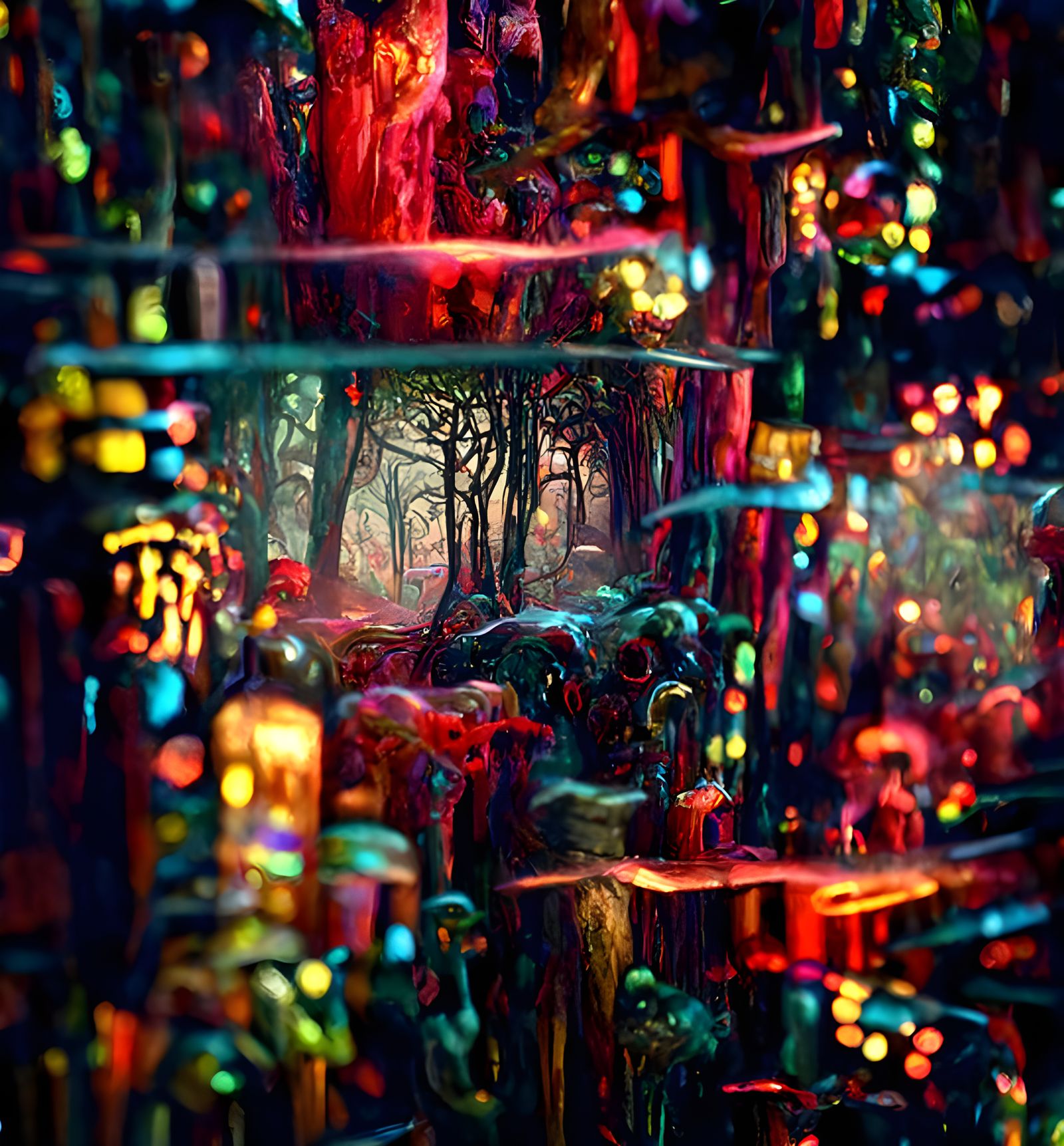 Dark Forest Apothecary with Colorful Light, Hyperrealism