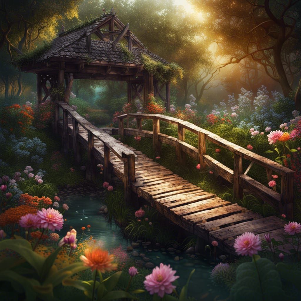 Hyperrealistic Garden Bridge with Luscious Flowers