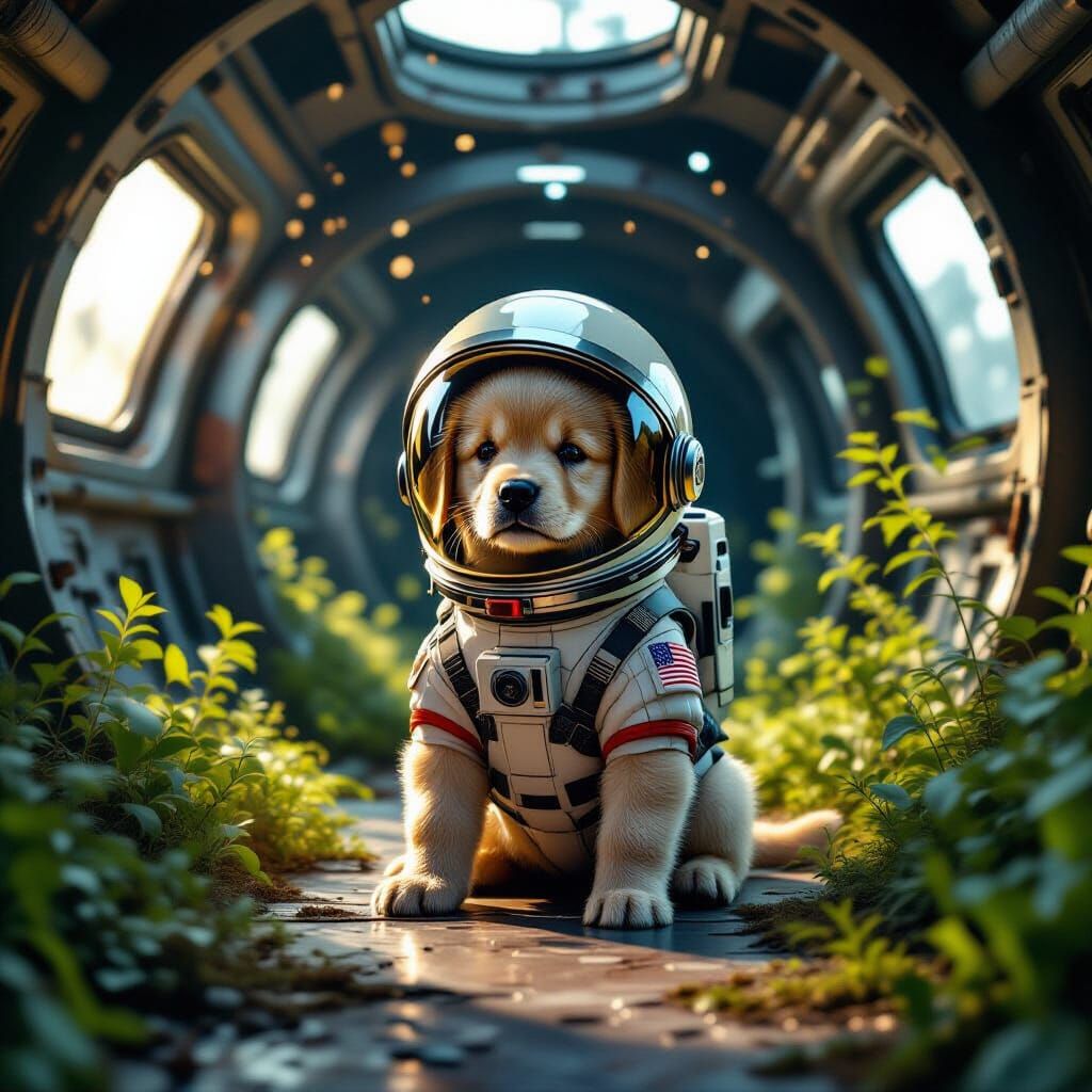 Golden Retriever Astronaut on Derelict Spaceship