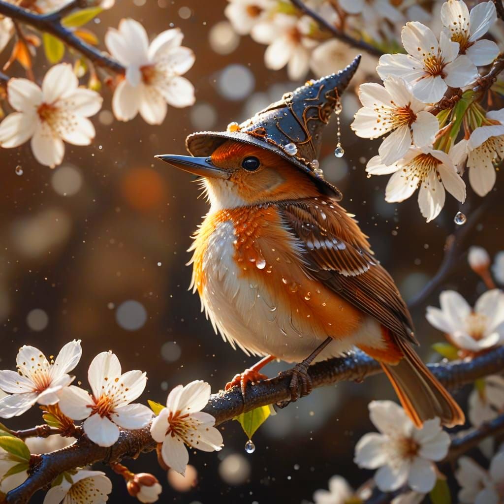 Fluffy Bird in Witch Hat on Cherry Blossom Branch