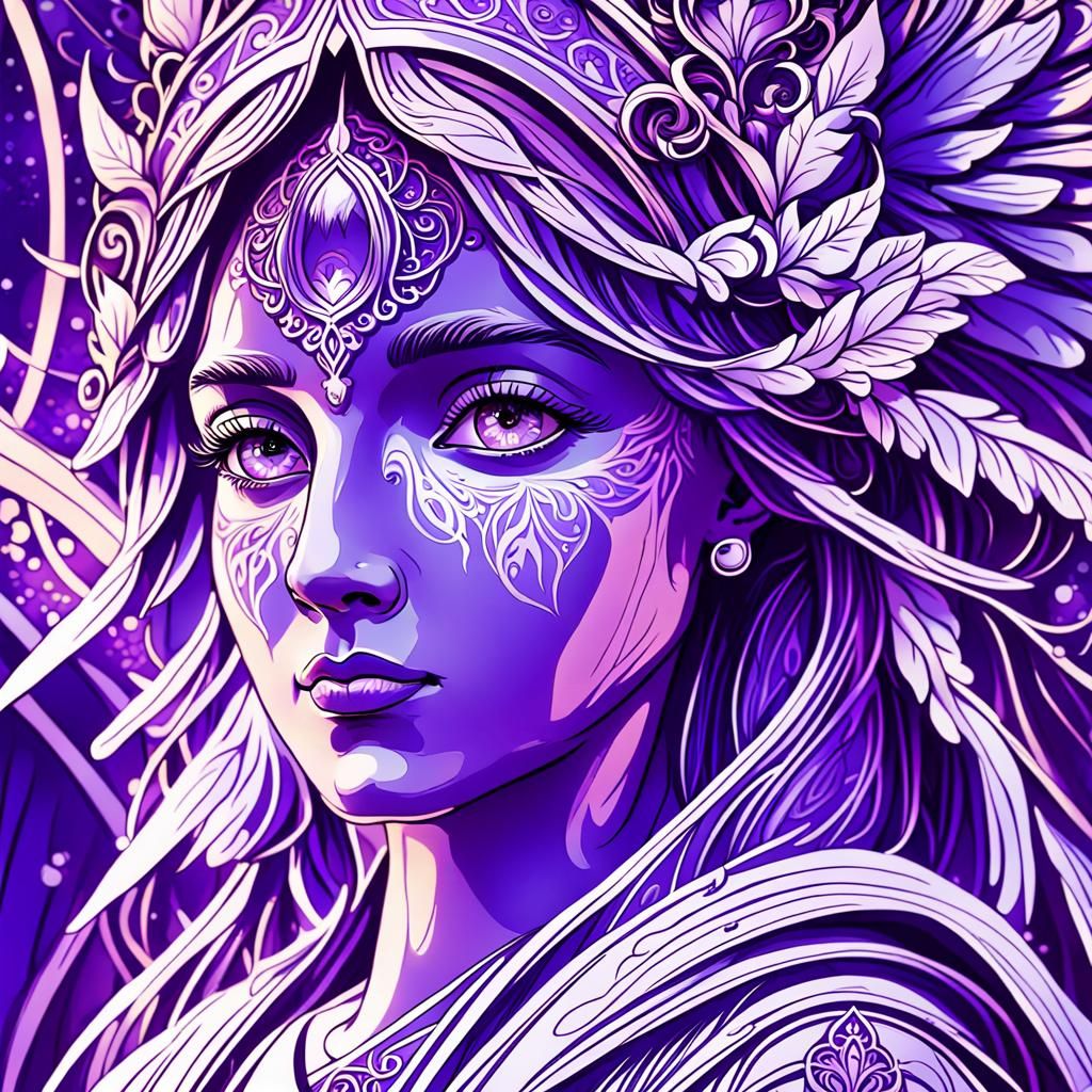 Violet Angel with Fiery Eyes in Art Nouveau Style