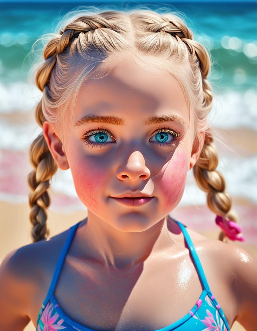 Blonde Girl on Beach in Photorealistic Style