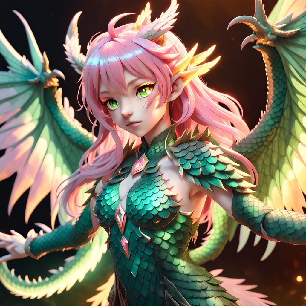 Ethereal Green Dragon Woman Spreads Her Wings in Anime-Inspi...