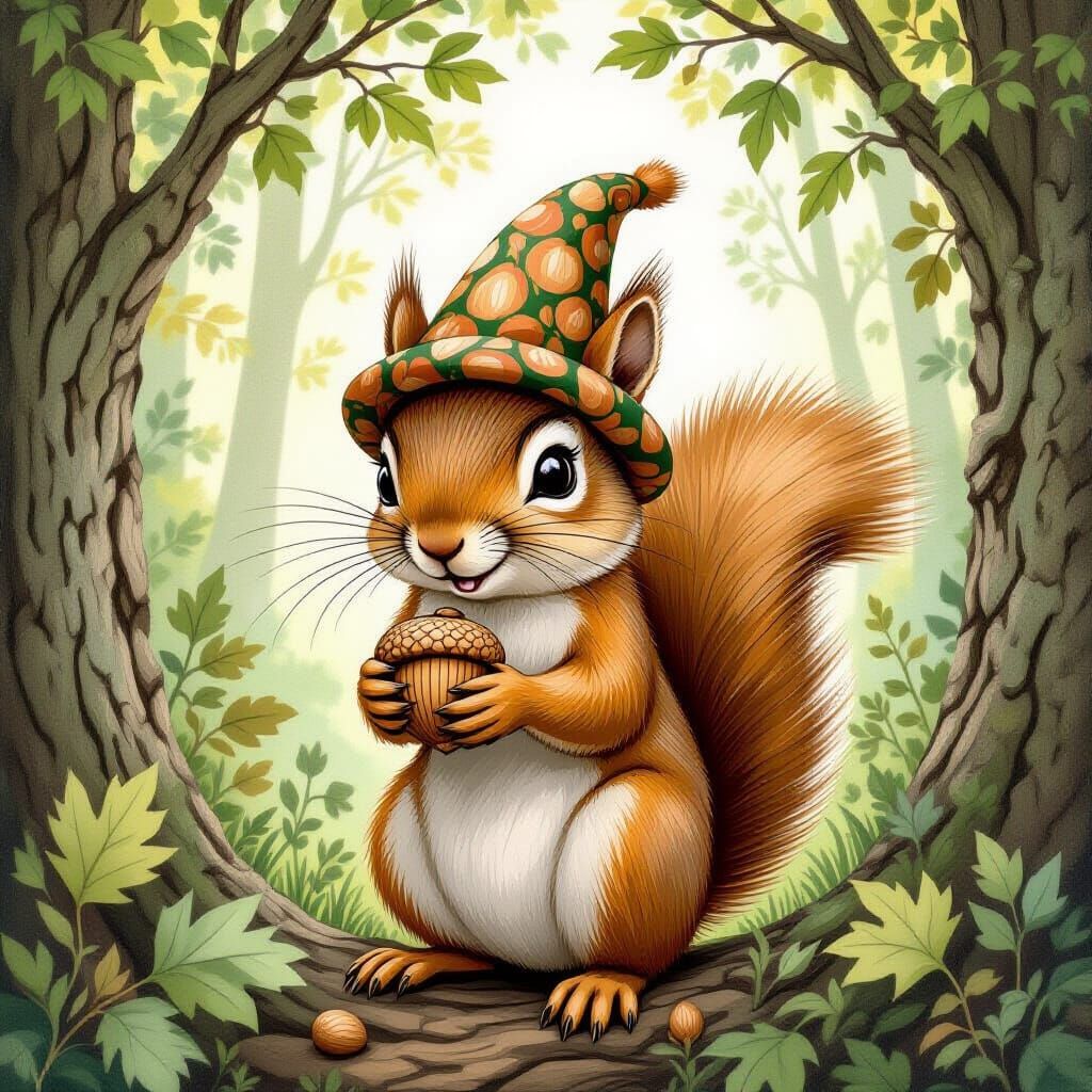 Squirrel in Whimsical Forest, Storybook Illustration