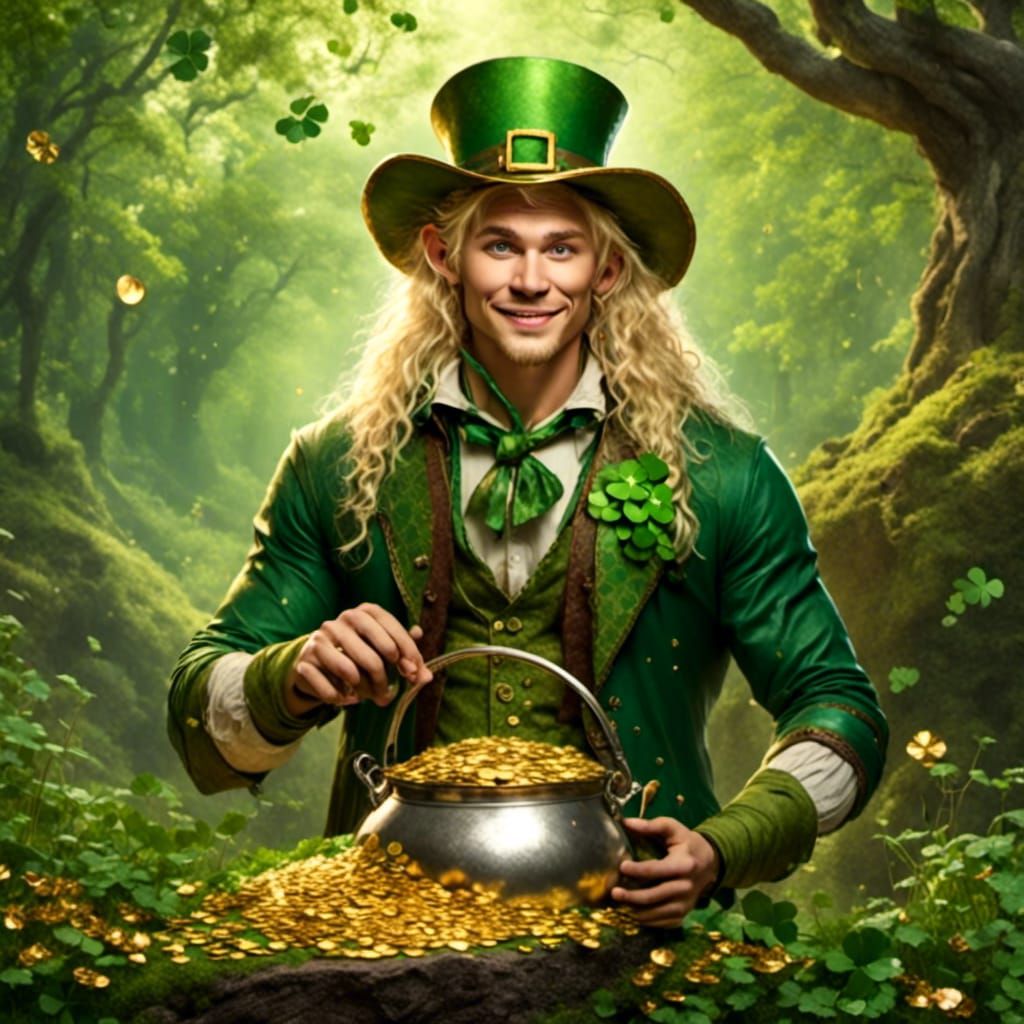 Handsome Leprechaun with Pot of Gold and Rainbow