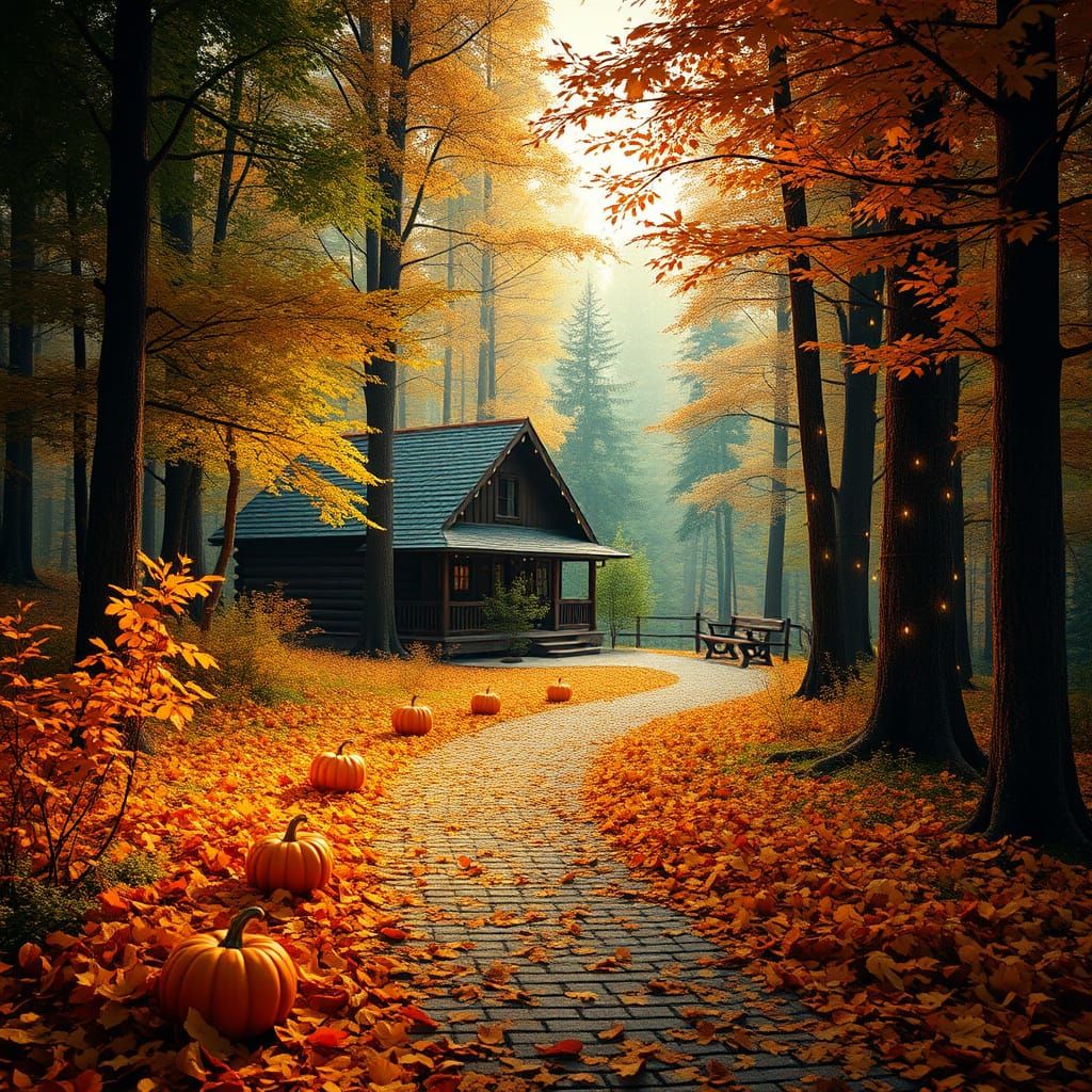 Golden Autumn Pathway to Cozy Cabin in Dense Forest