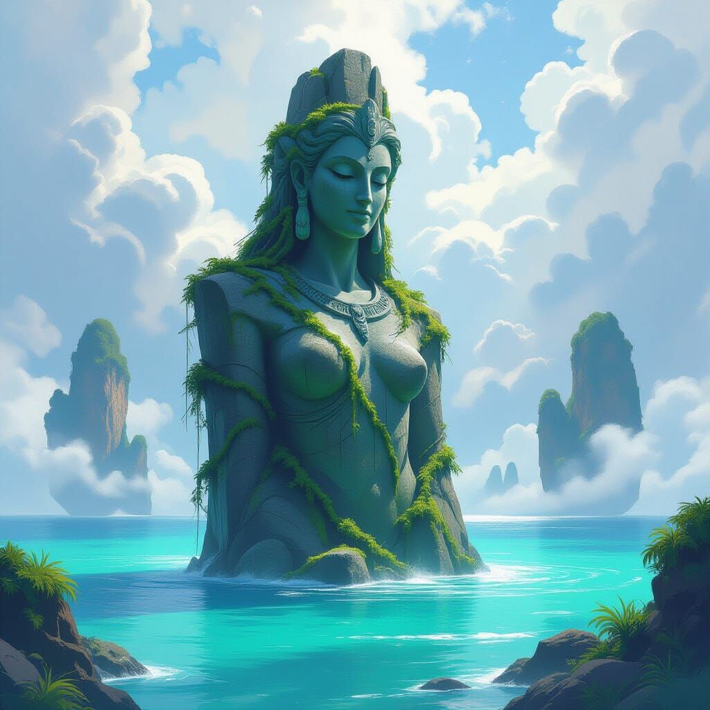 Ancient Stone Goddess Statue in Turquoise Ocean
