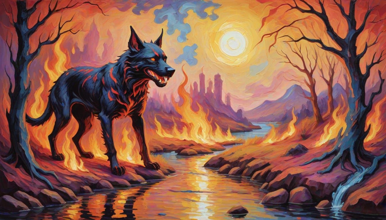 Hellhound by the River Styx in Expressionist Style