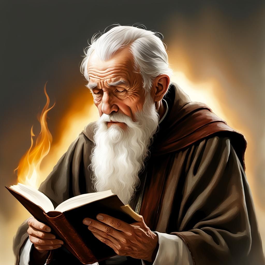 Elderly Man Reading with Dark Flames Aura