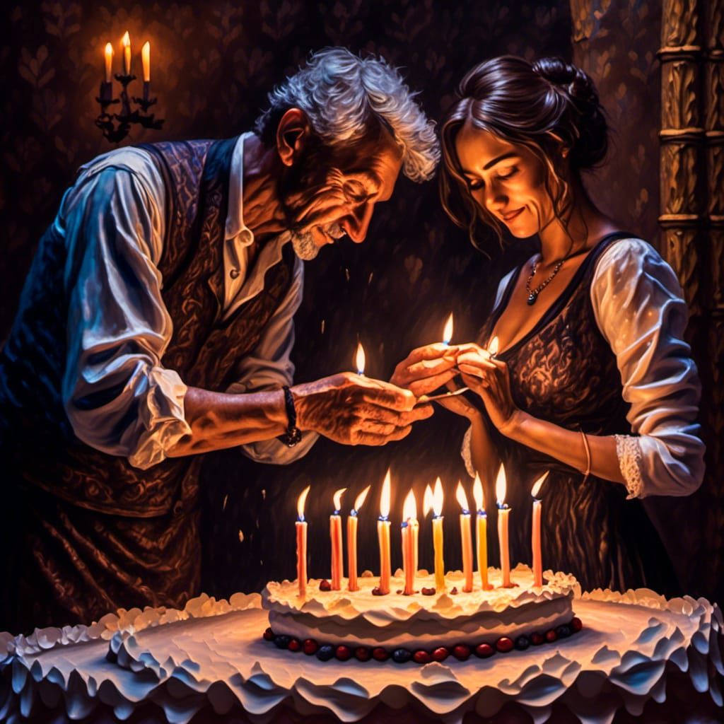Candlelit Birthday Cake Creates Intimate Shadowy Scene