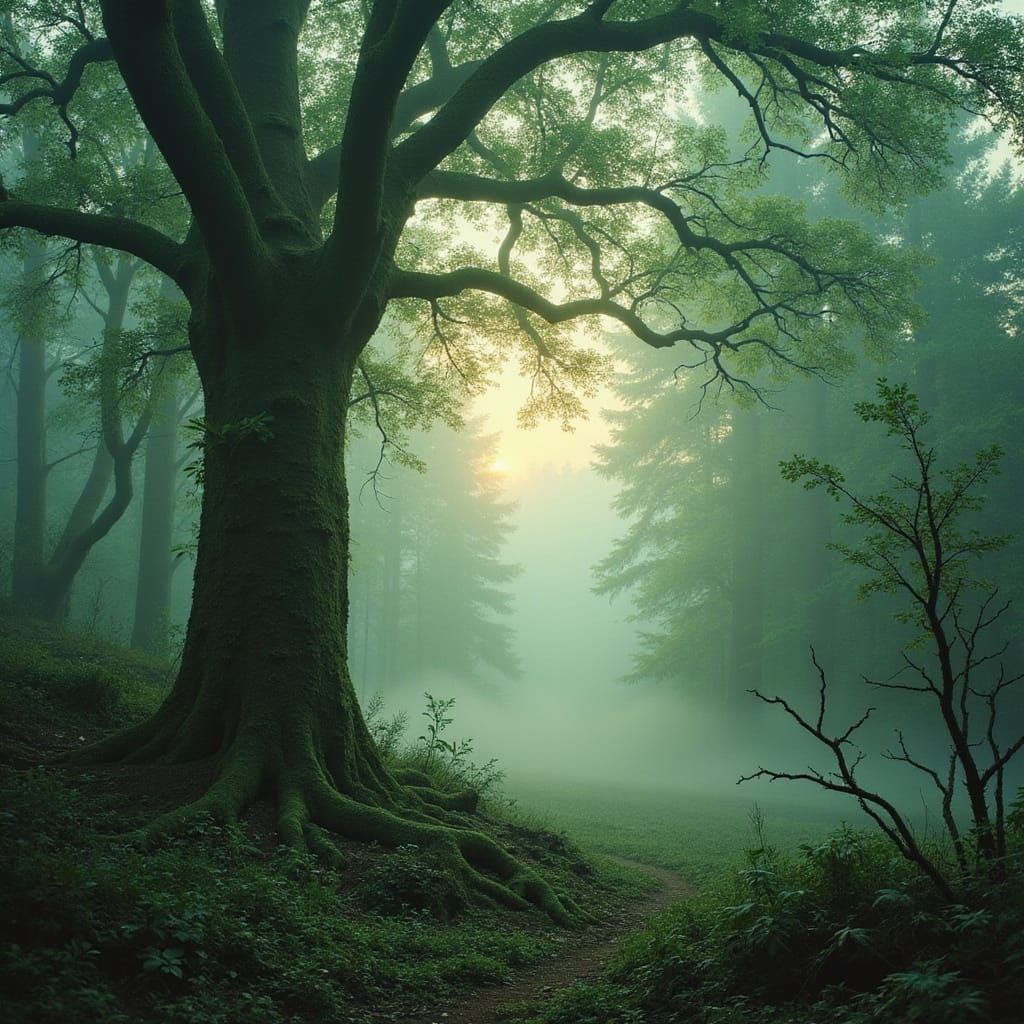 Misty Dawn in the Deep Forest of Svannia, in Romanticized La...