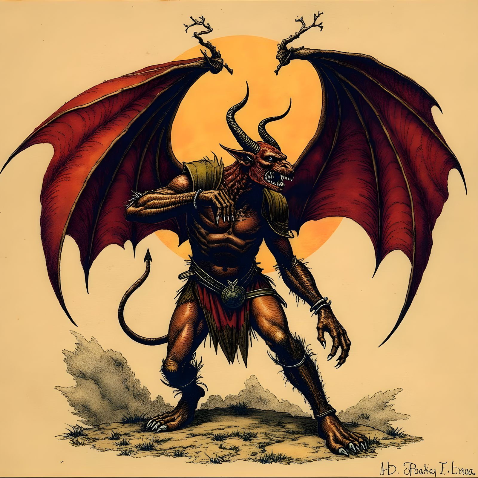 Winged Demon Figure in Drypoint Style