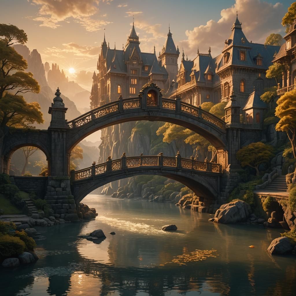 Grandiose House on Bridge in Golden Hour Light