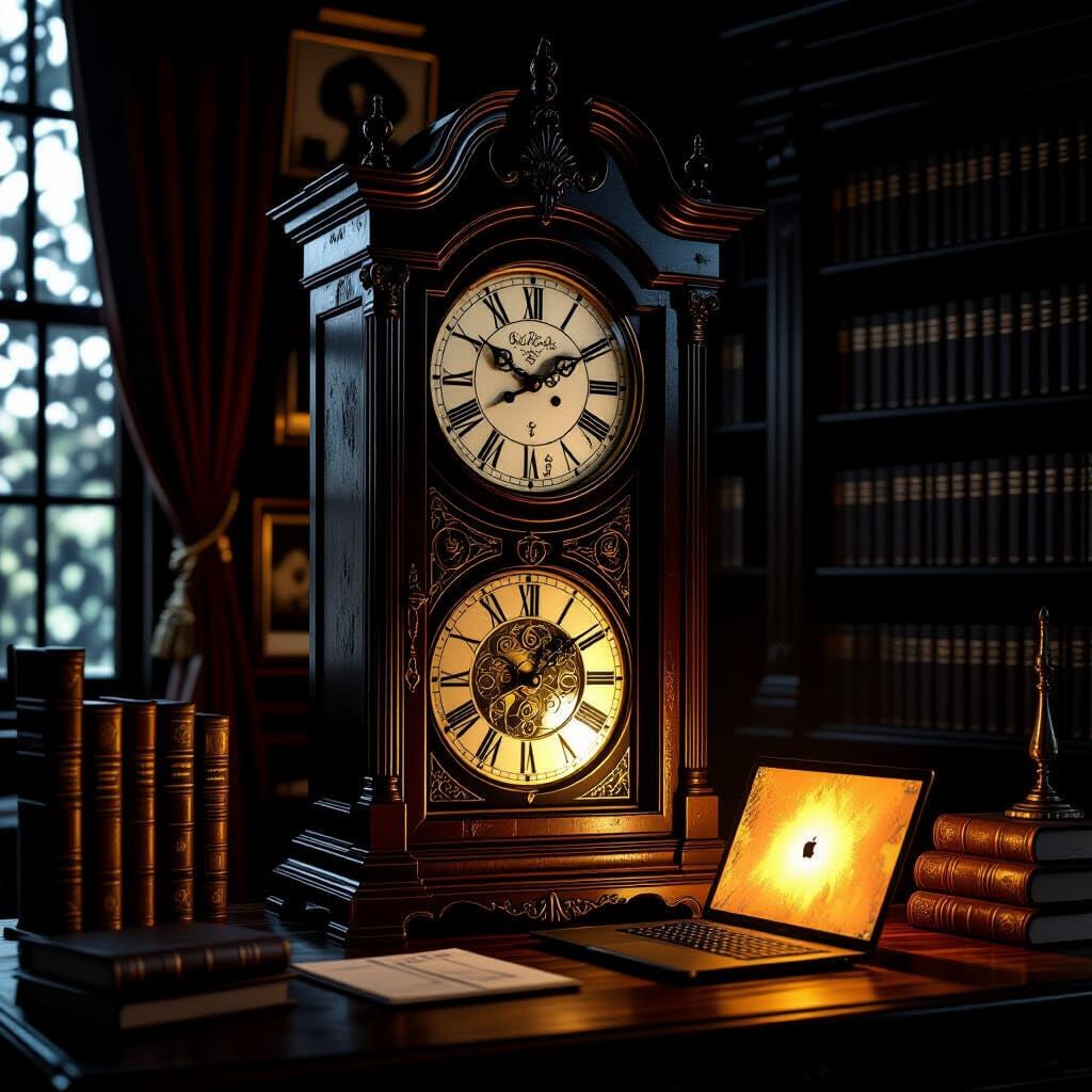 Judgmental Clock in Dark Victorian Study