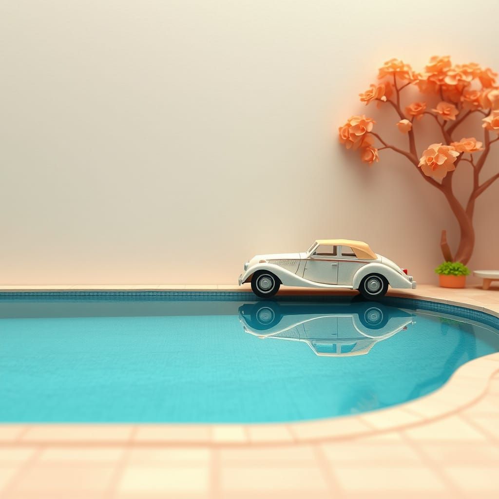Serene Swimming Pool Scene with Vintage Origami Car