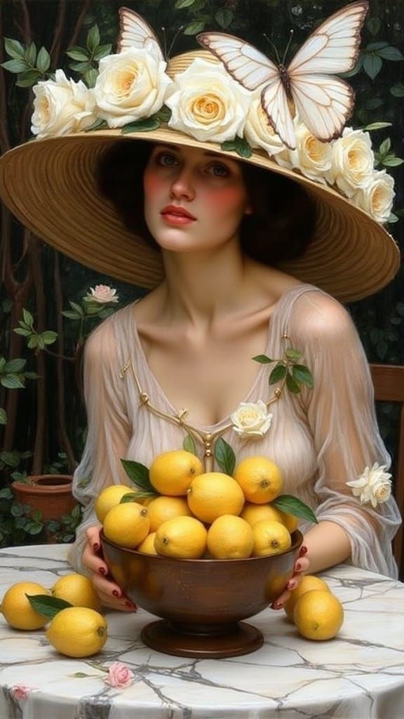 Gatsby Lady with Roses and Lemons, in Pre-Raphaelite Style